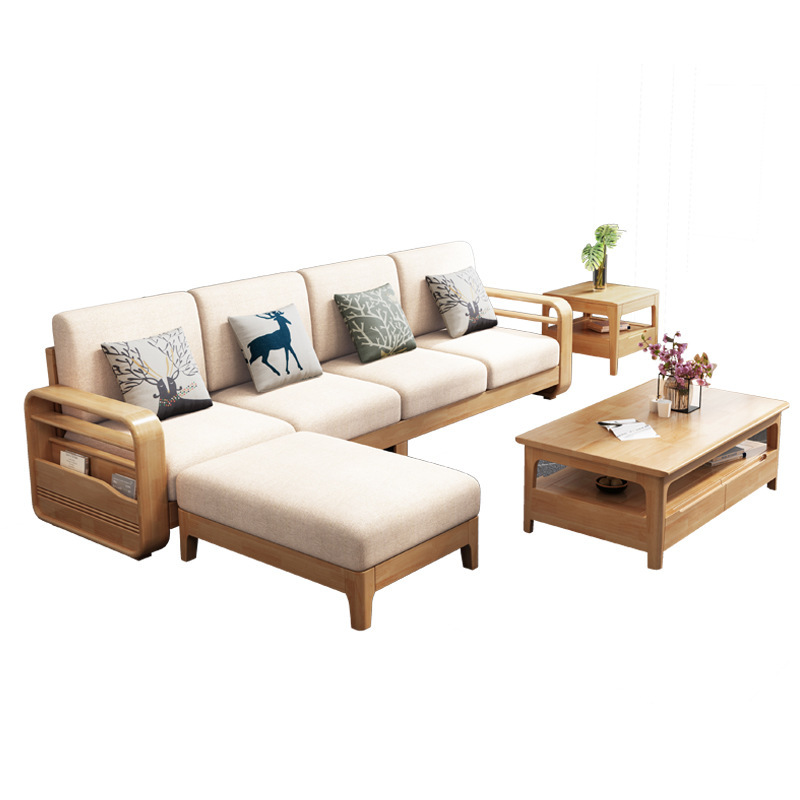 北欧创意全实木沙发组合带拉床多功能两用转角贵妃沙发现代简约