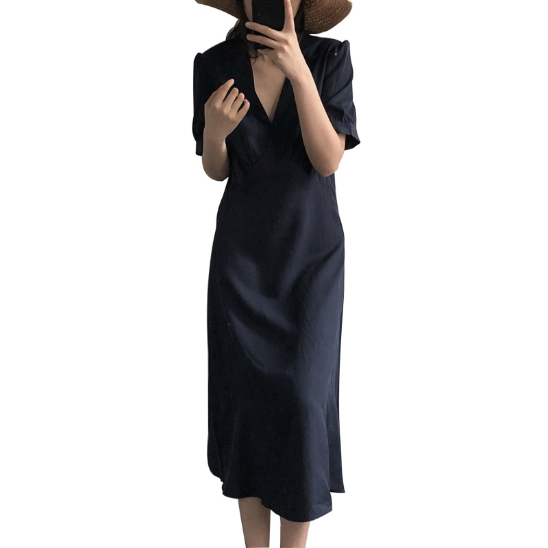 新款韩国简约优雅V领小性感泡泡袖短袖连衣裙高腰品质女