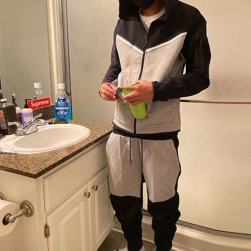 春秋季男士休闲运动套装跨境电商外贸新款男士拼色连帽卫衣套装男(图2)