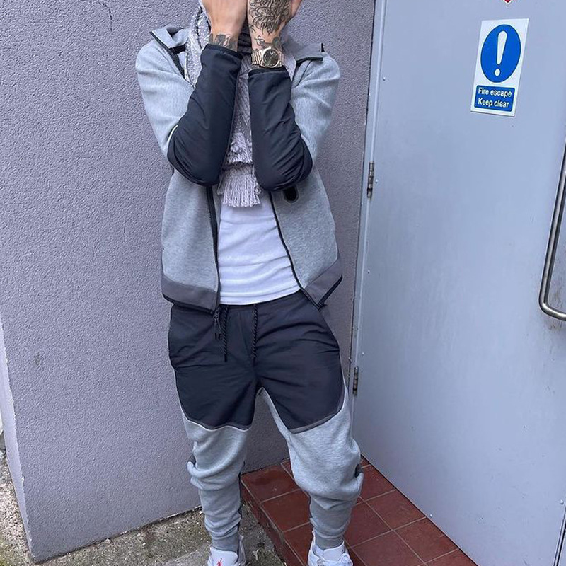 春秋季男士休闲运动套装跨境电商外贸新款男士拼色连帽卫衣套装男(图3)