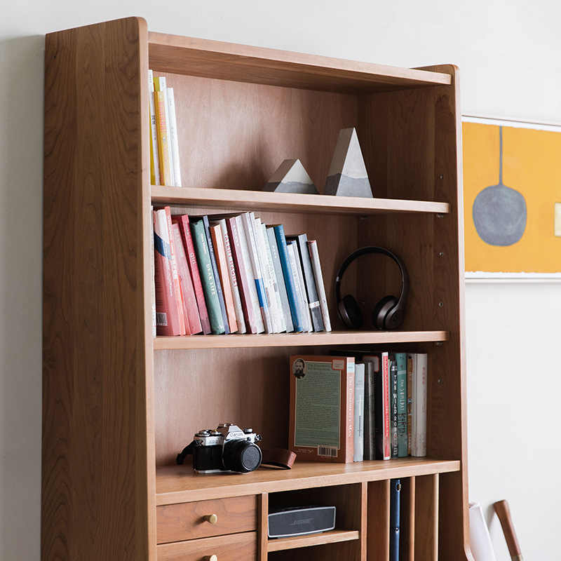 北欧实木樱桃木书柜书架置物架现代简约客厅展示柜多功能抽屉柜(图2)