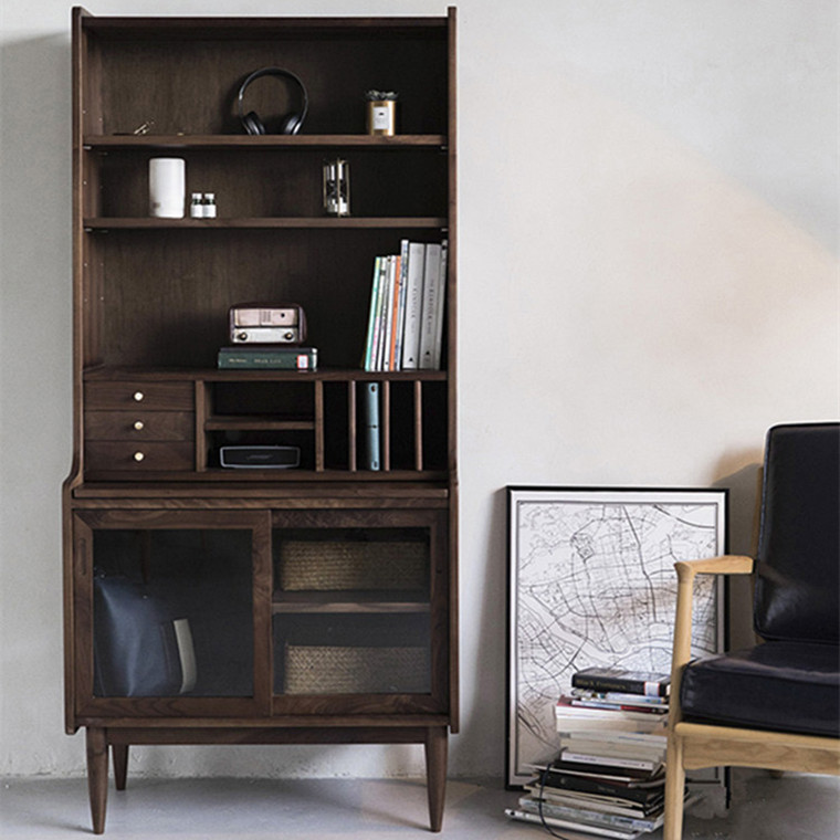 北欧实木樱桃木书柜书架置物架现代简约客厅展示柜多功能抽屉柜(图4)