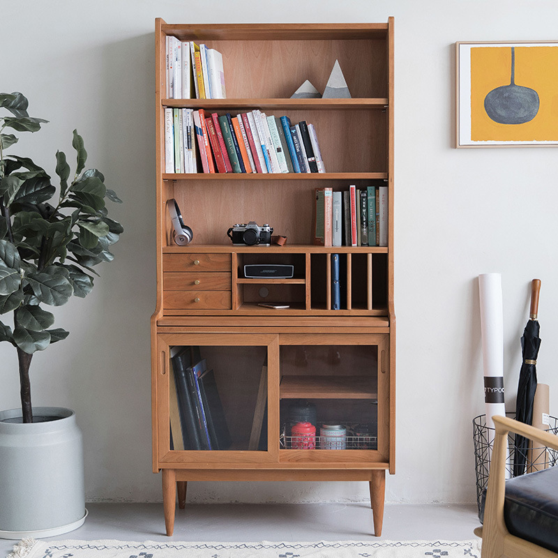 北欧实木樱桃木书柜书架置物架现代简约客厅展示柜多功能抽屉柜(图1)