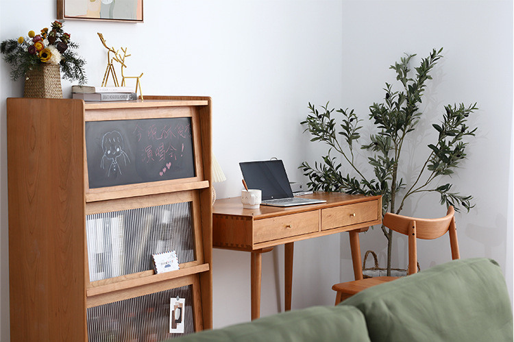 北欧全实木樱桃木书柜落地带门多功能储物柜(图1)