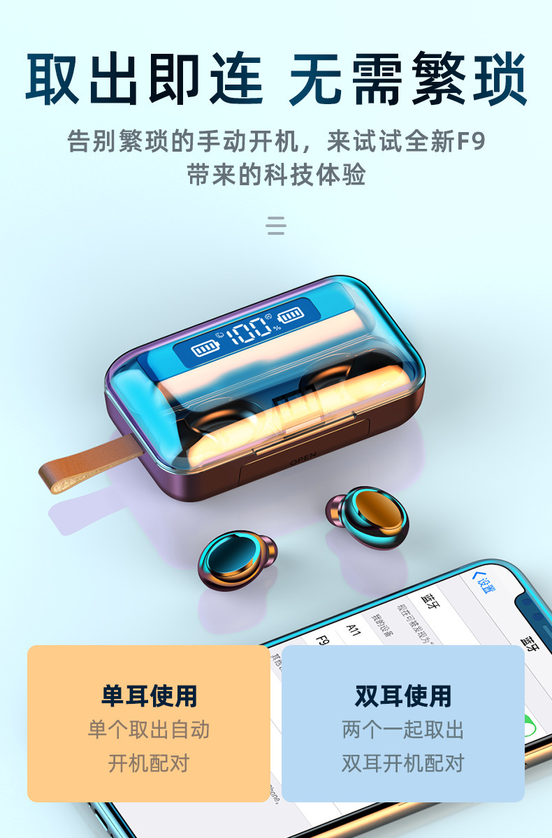 F9无线蓝牙耳机TWS触摸5.0耳塞入耳式迷你运动触控无线双耳 数显(图2)